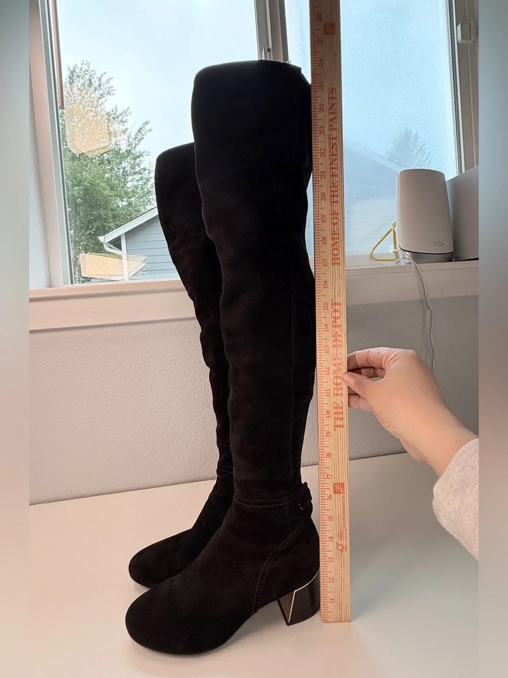 Tory Burch Black Suede leather Over The Knee Boots Gold Logo Block Heel 7.5